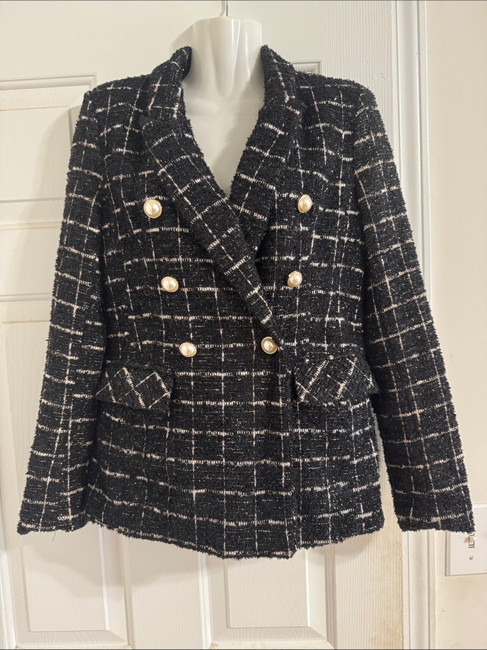 Rachel Zoe Black & White Tweed Double-Breasted Blazer with Pearl Buttons